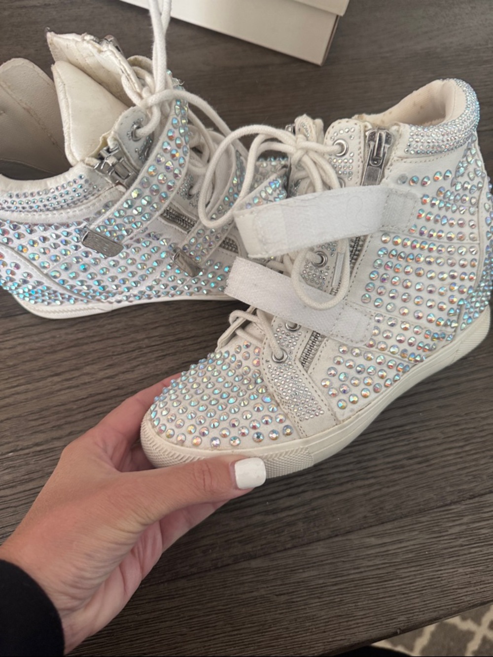 White Rhinestone High-Top Sneakers